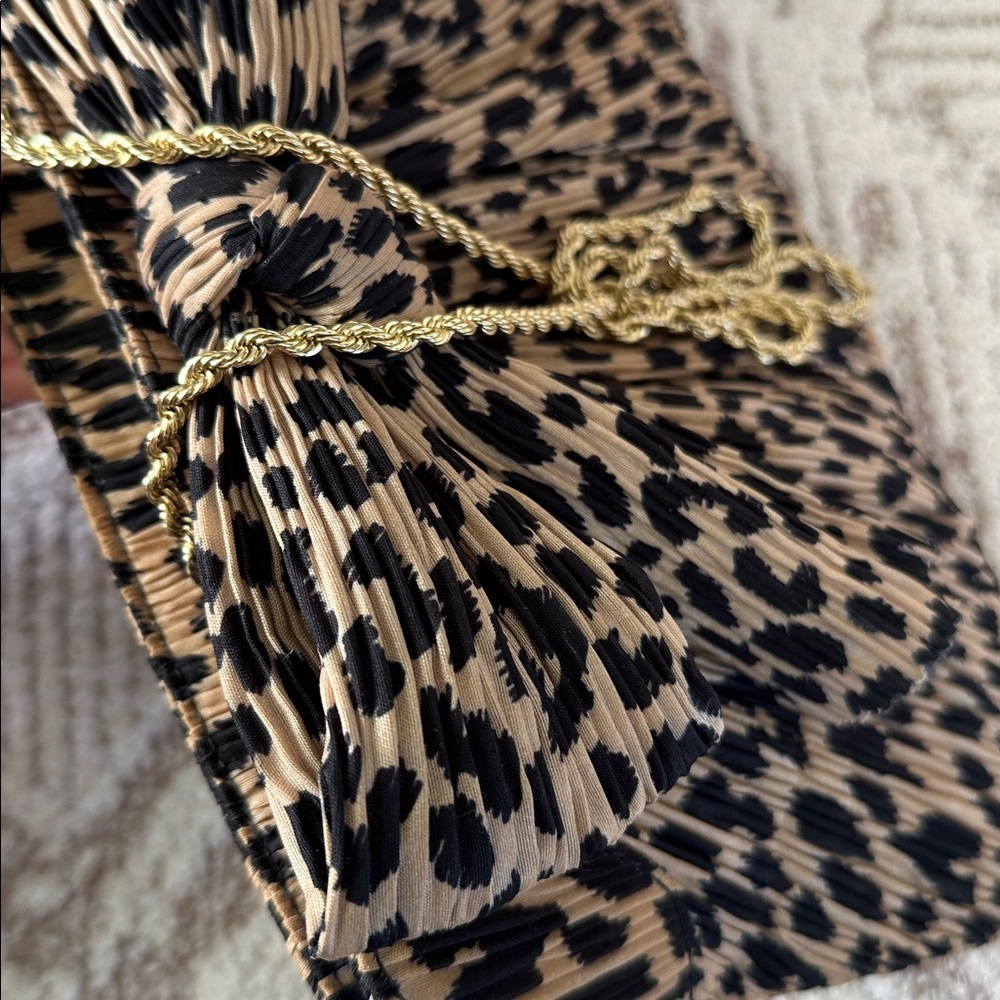 Loeffler Randall Pleated Leopard Bow Clutch w/ Gold Chain Strap Evening Bag